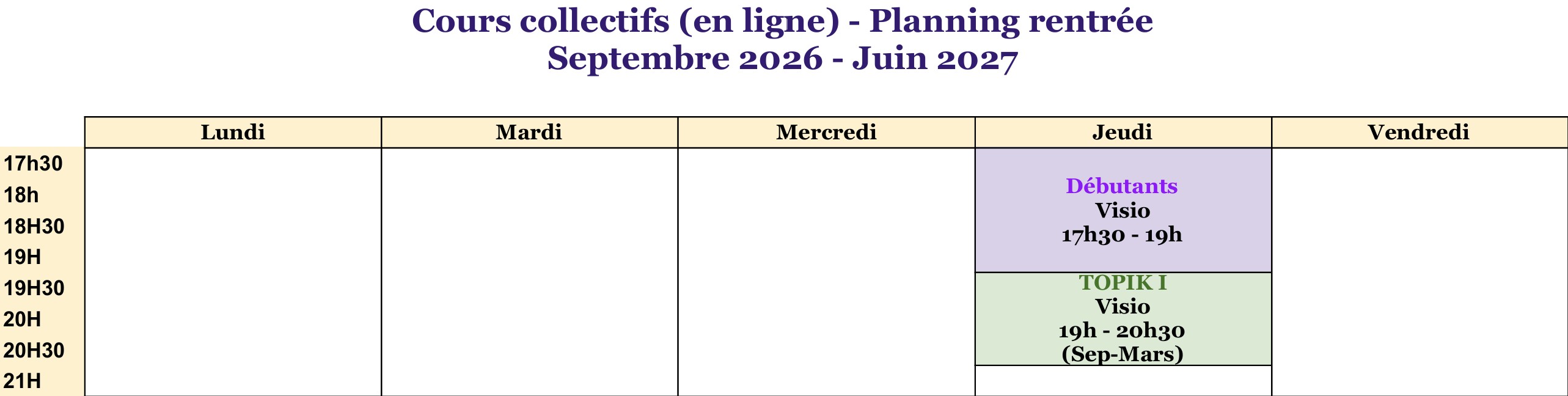 Planning des cours